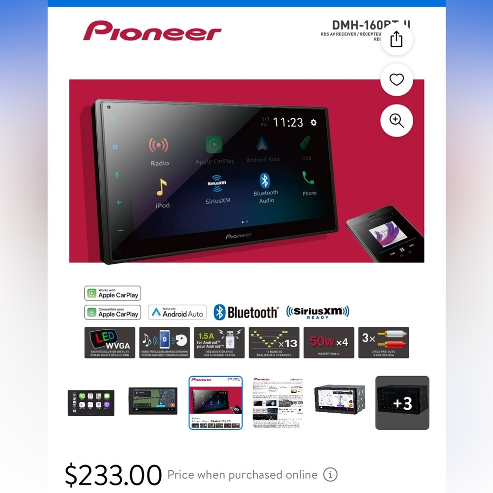 Pioneer DMH-160BT Car Stereo Head Unit, Double Din, with Apple Car/Android Auto.